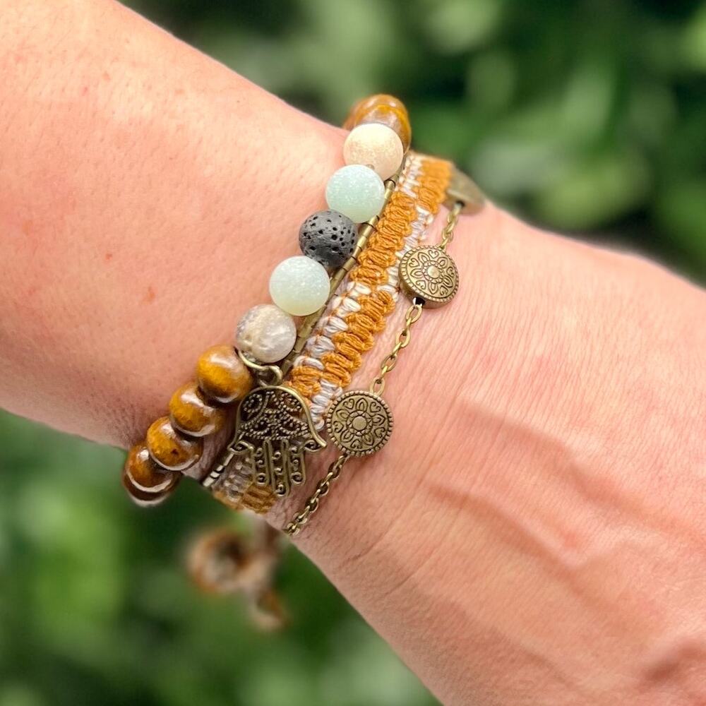 Handmade Boho Bracelet Stacking Pack 4 Piece Brown Bronze Gold Stone Wood Earthy